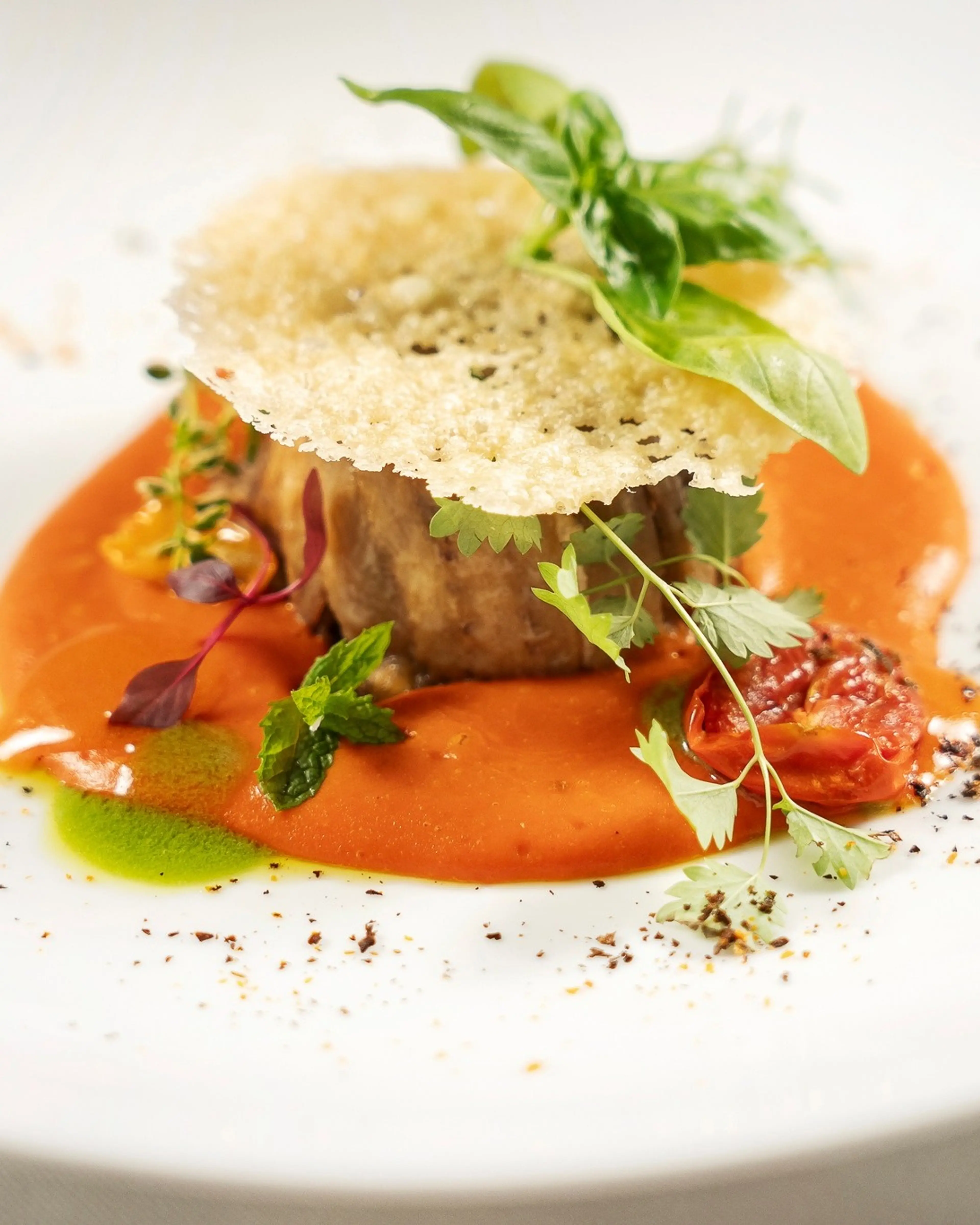 Eggplant parmigiana with parmesan crisp