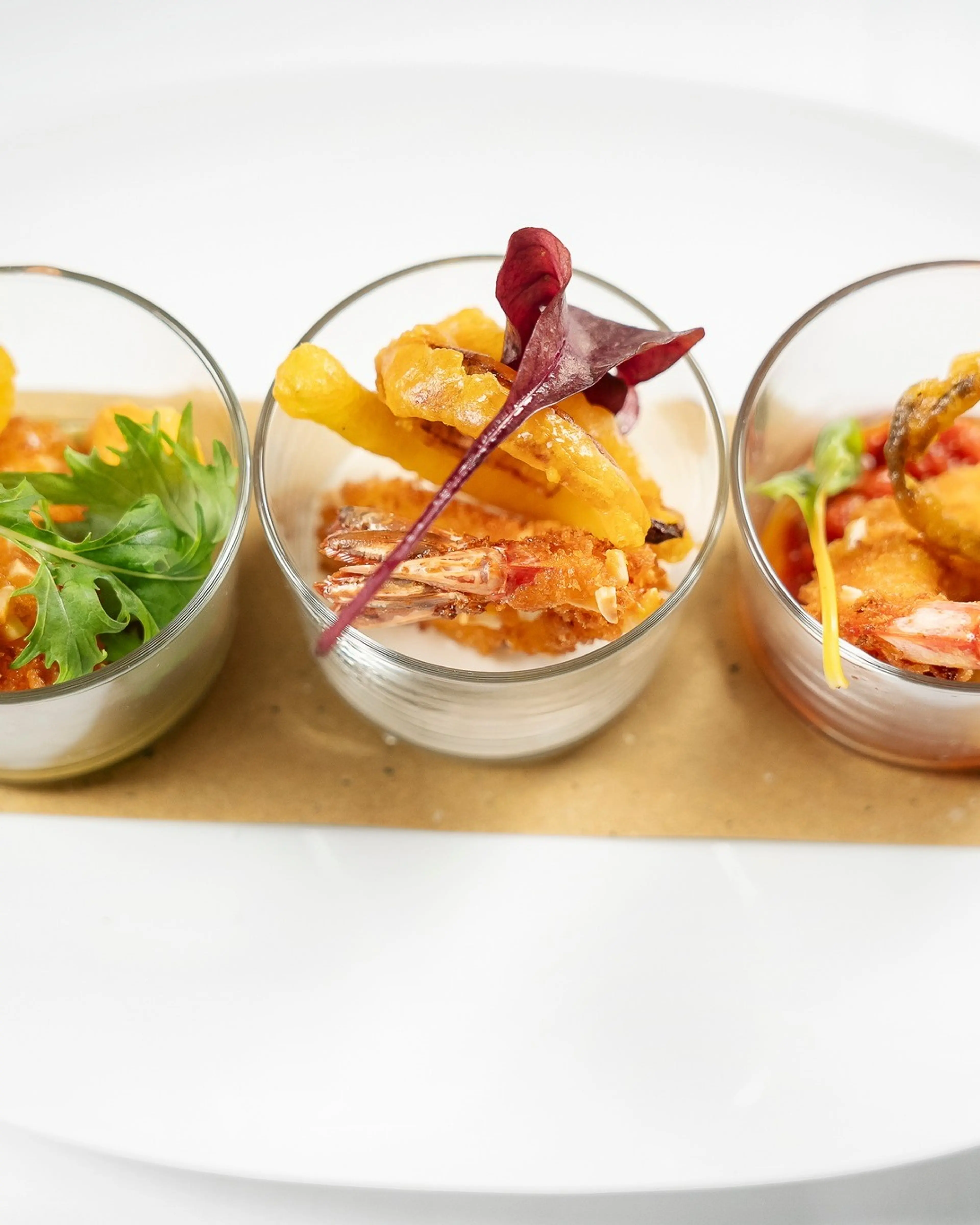 Tempura shrimp tasting in glass cups