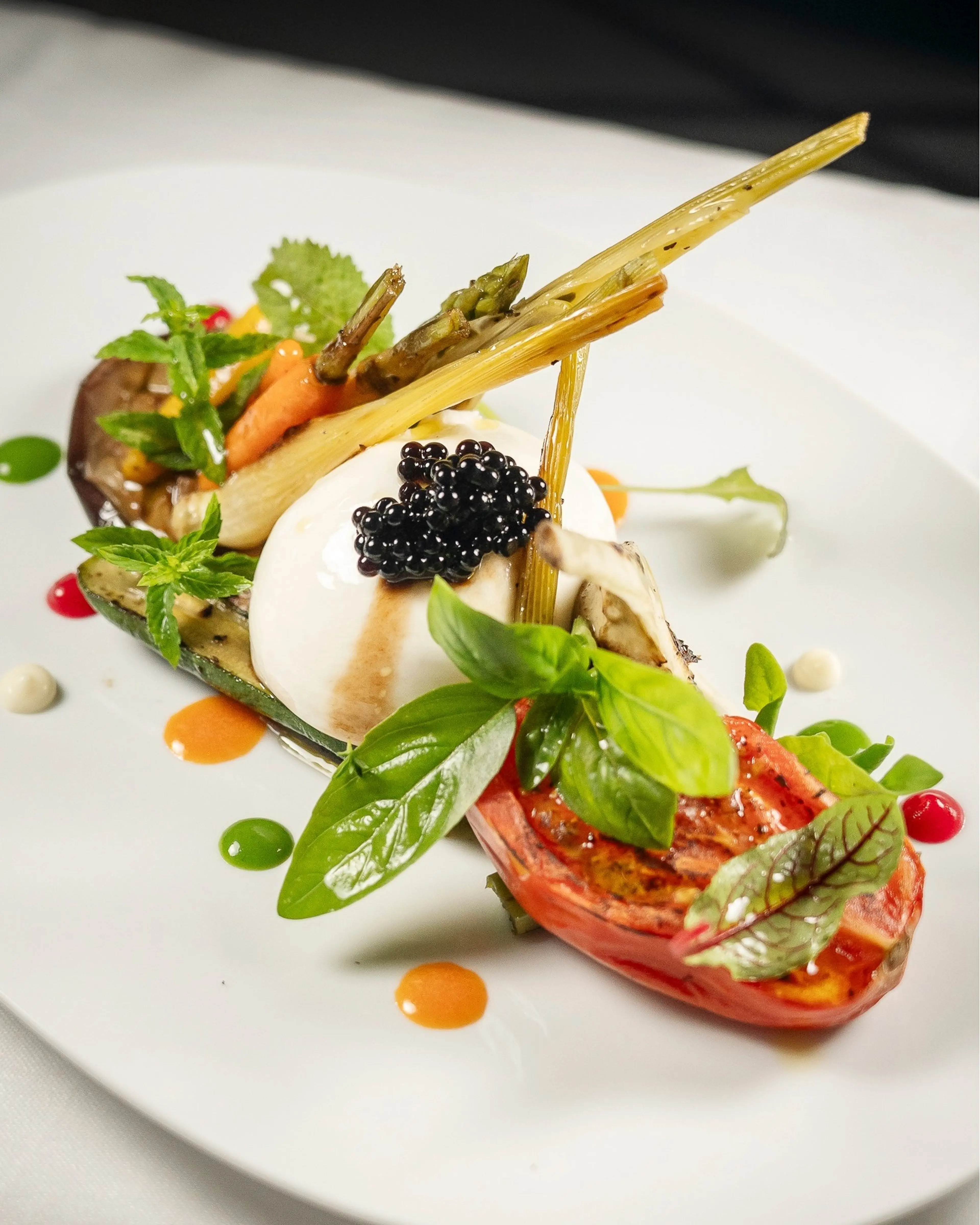 Burrata with grilled vegetables and basil caviar