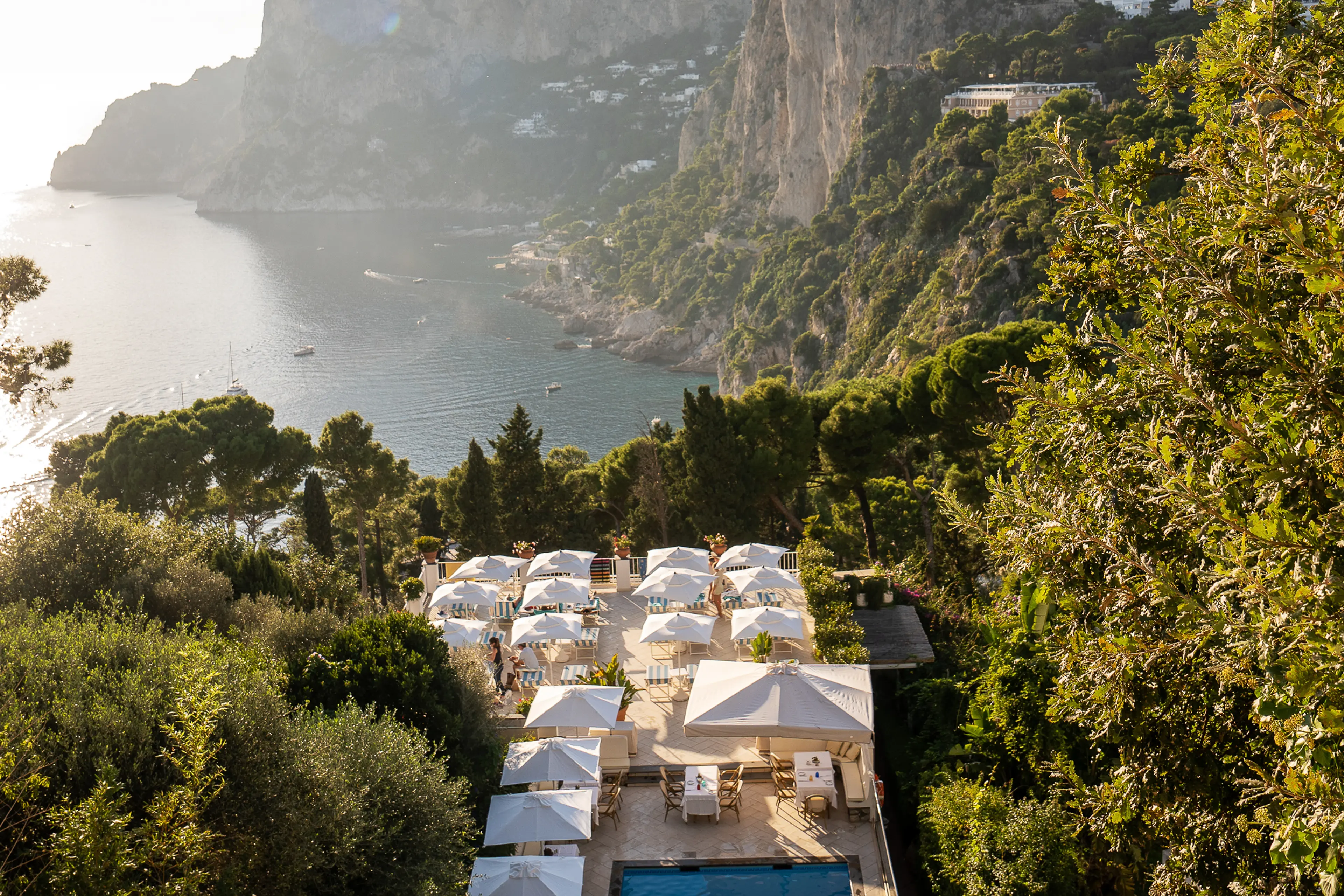 The pool terrace at golden hour