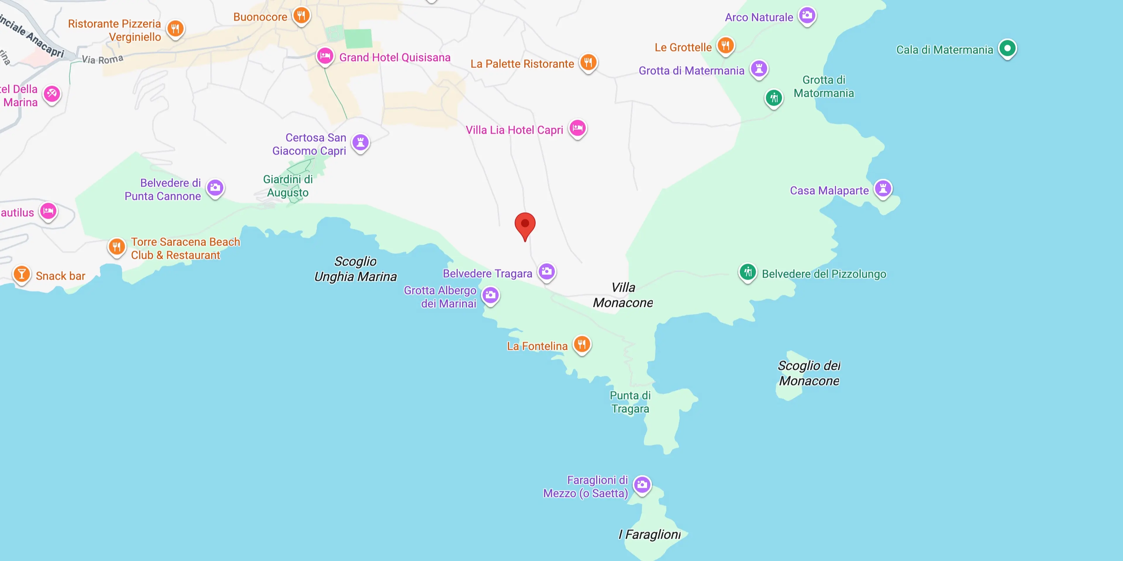 Map of Capri showing Villa Brunella on Via Tragara