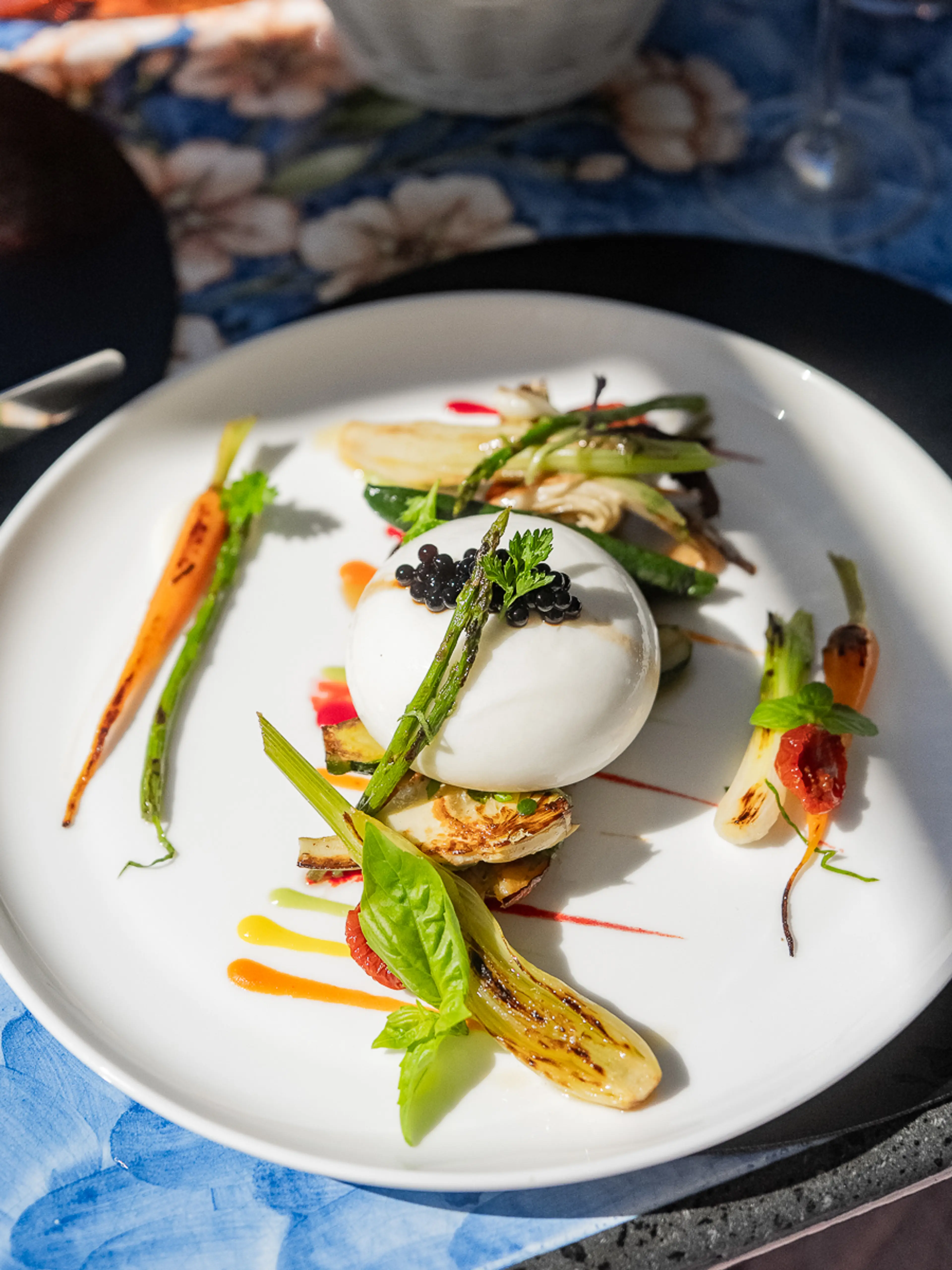 Burrata with grilled vegetables and basil caviar